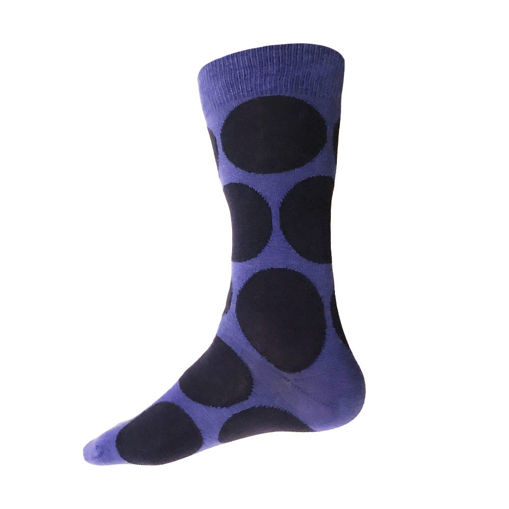 Periwinkle blue men's fun cotton socks with large navy polka dots by THIS NIGHT and made in USA