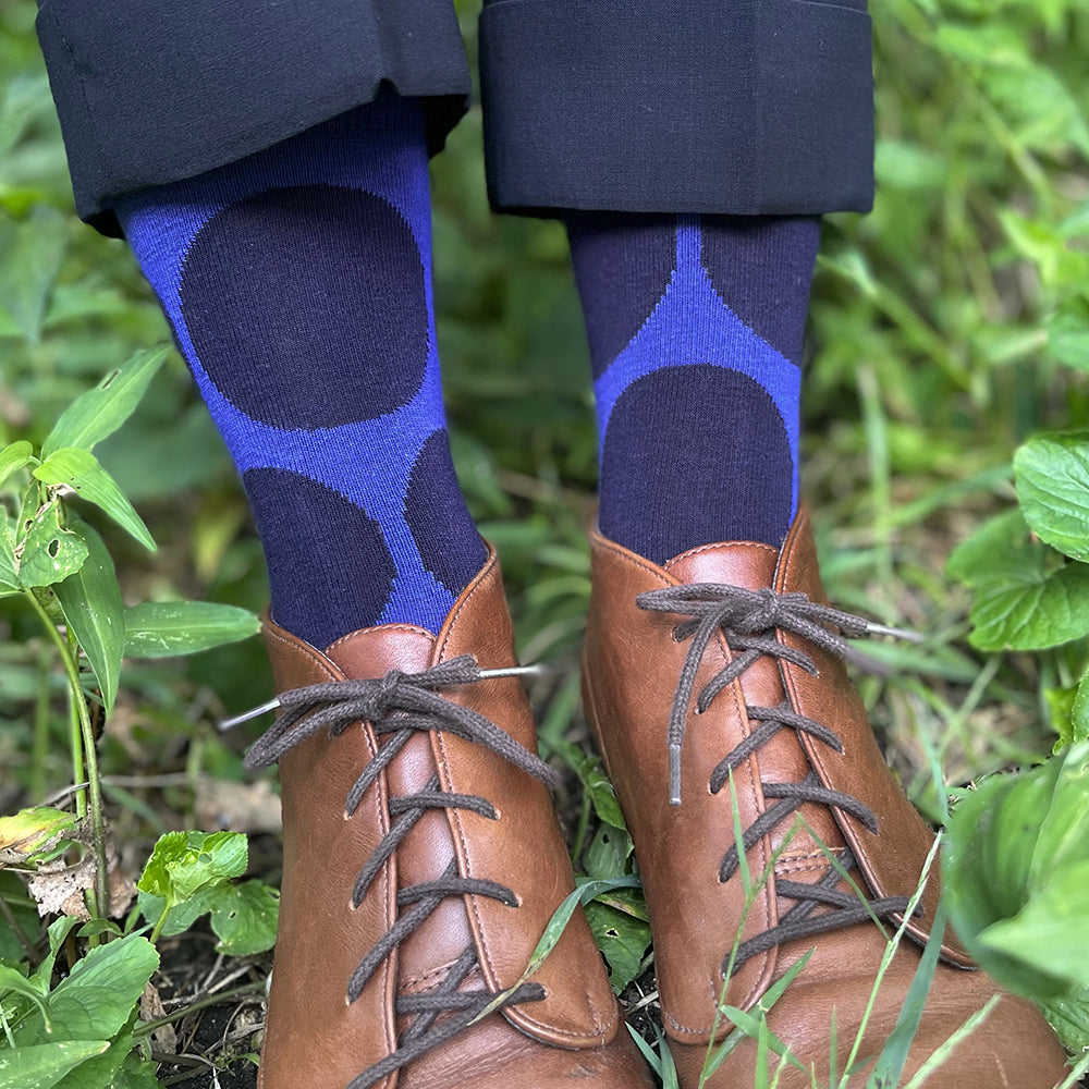 Made in USA women's cotton big polka dot socks in navy and periwinkle blue by THIS NIGHT