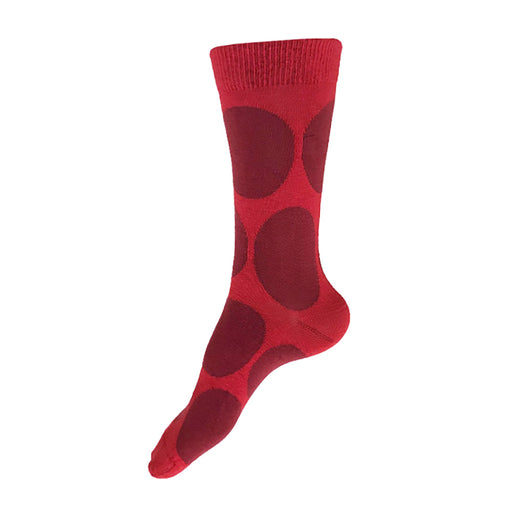 MADE IN USA women's red cotton socks by THIS NIGHT with big maroon polka dots
