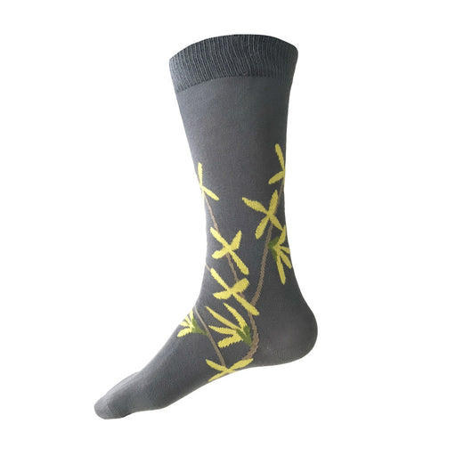 Grey cotton socks with yellow Forsythia pattern by THIS NIGHT and made in USA.