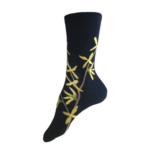 Made in USA women's navy cotton floral socks featuring yellow forsythia