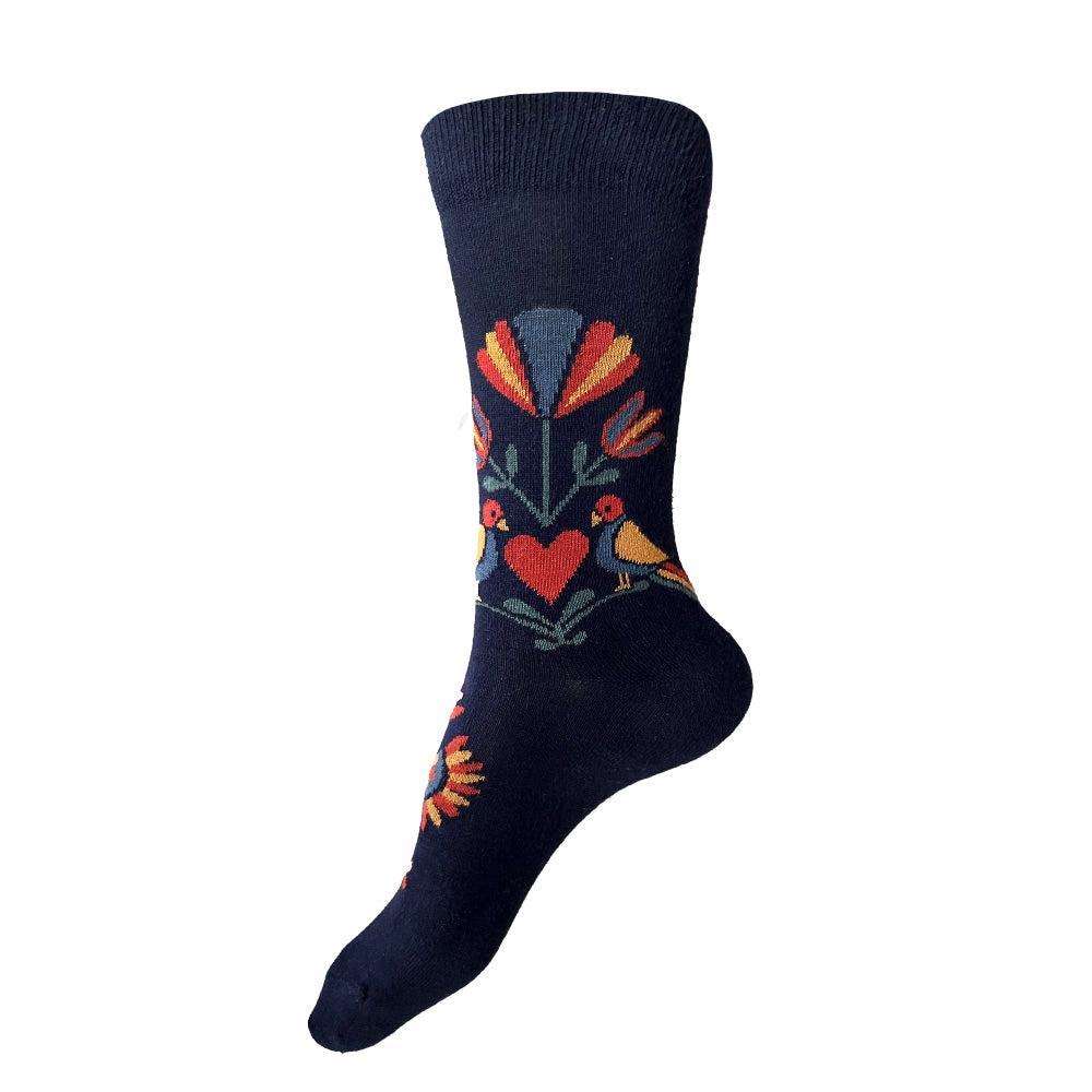 Made in USA Fraktur PA Dutch folk art navy cotton socks with hearts, flowers, and distelfinks by THIS NIGHT
