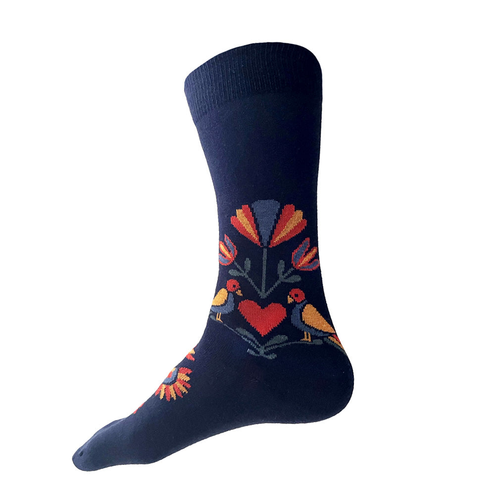 Made in USA men's navy cotton fraktur (PA Dutch folk art) socks featuring a heart, distelfinks, and flowers by THIS NIGHT