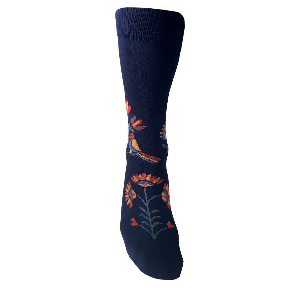 Made in USA men's navy cotton fraktur (PA Dutch folk art) socks featuring a heart, distelfinks, and flowers by THIS NIGHT