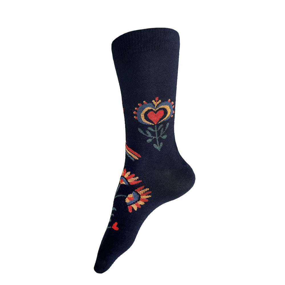 Made in USA Fraktur PA Dutch folk art women's navy cotton socks with hearts, flowers, and distelfinks by THIS NIGHT