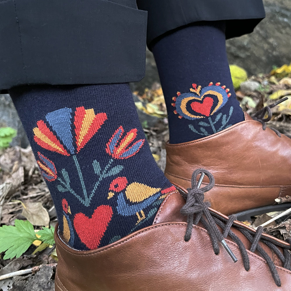 Made in USA Fraktur PA Dutch folk art navy cotton socks with hearts, flowers, and distelfinks by THIS NIGHT