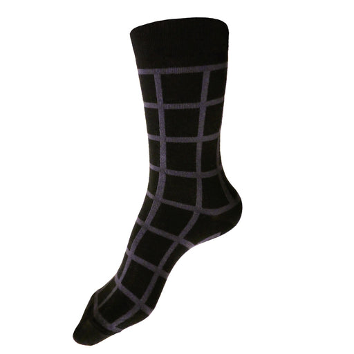 Made in USA women's black cotton geometric socks with dark grey windowpane plaid (grid) pattern by THIS NIGHT