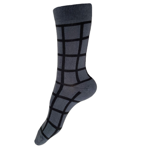 Made in USA women's geometric cotton socks windowpane black grid on grey