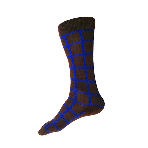 MADE IN USA men's brown cotton socks by THIS NIGHT with cobalt blue windowpane plaid pattern