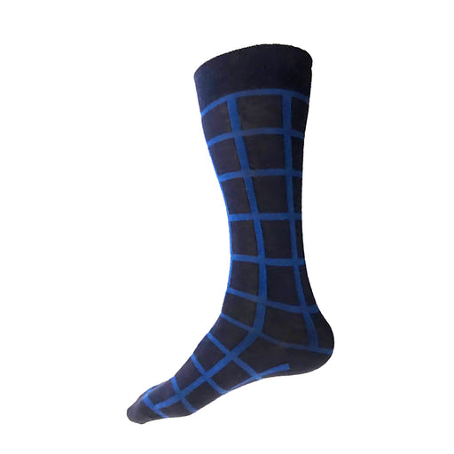 MADE IN USA men's navy cotton socks by THIS NIGHT with olive windowpane plaid pattern