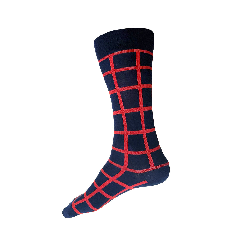 Made in USA men's geometric navy cotton socks with orange-red windowpane plaid (grid) pattern by THIS NIGHT