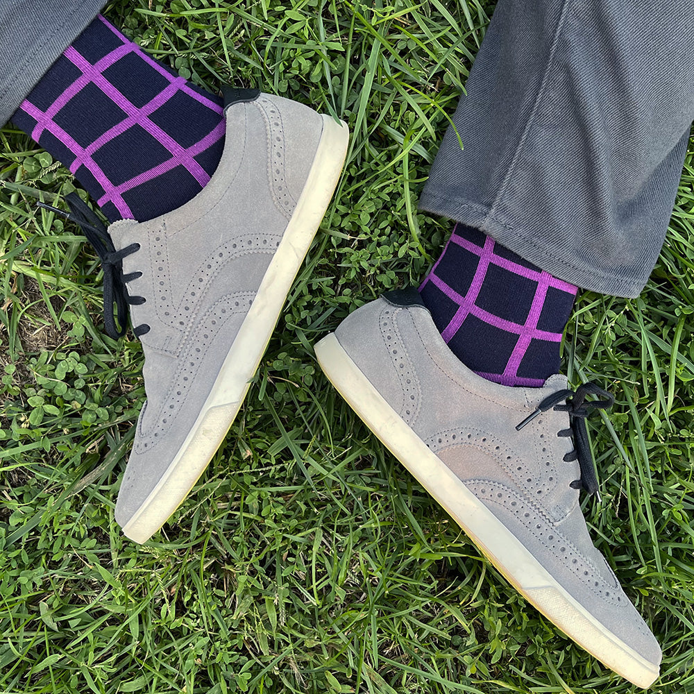 Made in USA men's navy and purple geometric cotton socks in a windowpane/grid pattern by THIS NIGHT