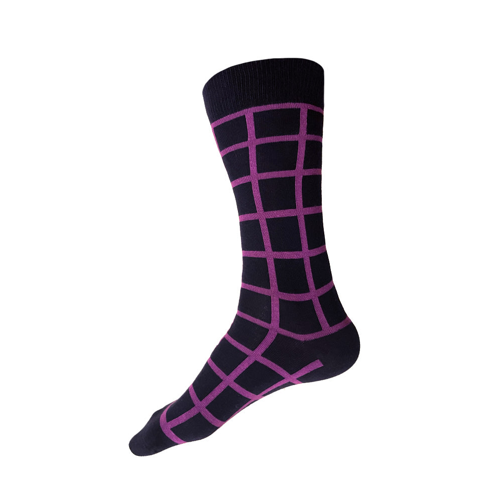 Made in USA men's navy and purple geometric cotton socks in a windowpane/grid pattern by THIS NIGHT