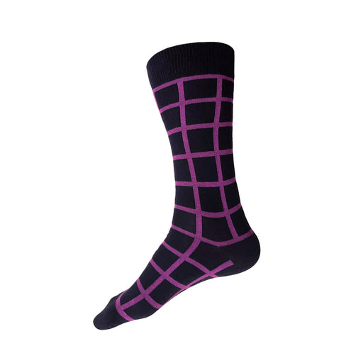 Made in USA men's navy and purple geometric cotton socks in a windowpane/grid pattern by THIS NIGHT