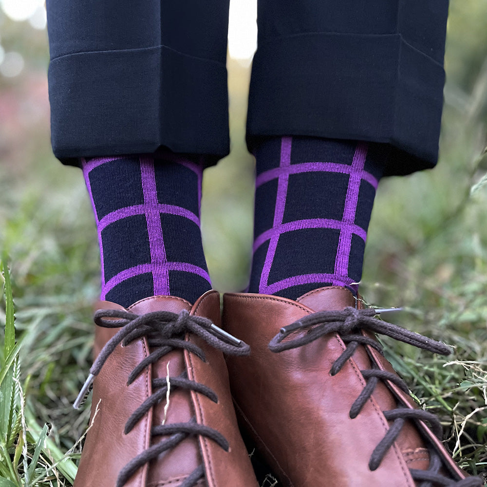 Made in USA women's cotton geometric socks with purple windowpane grid pattern on navy