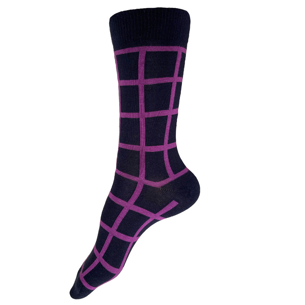 Made in USA women's cotton geometric socks with purple windowpane grid pattern on navy
