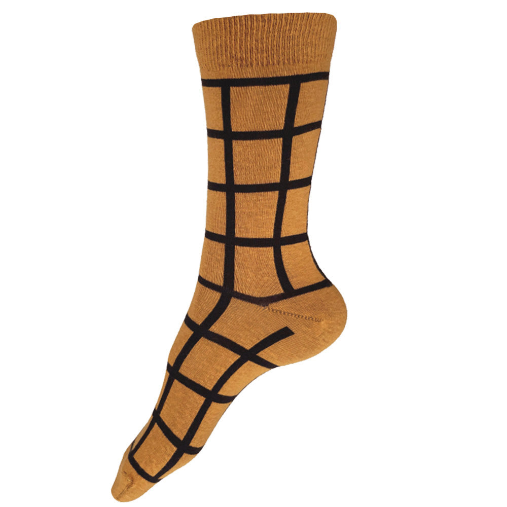 Made in USA women's geometric cotton socks in ochre (mustard yellow) with black windowpane plaid (grid) pattern
