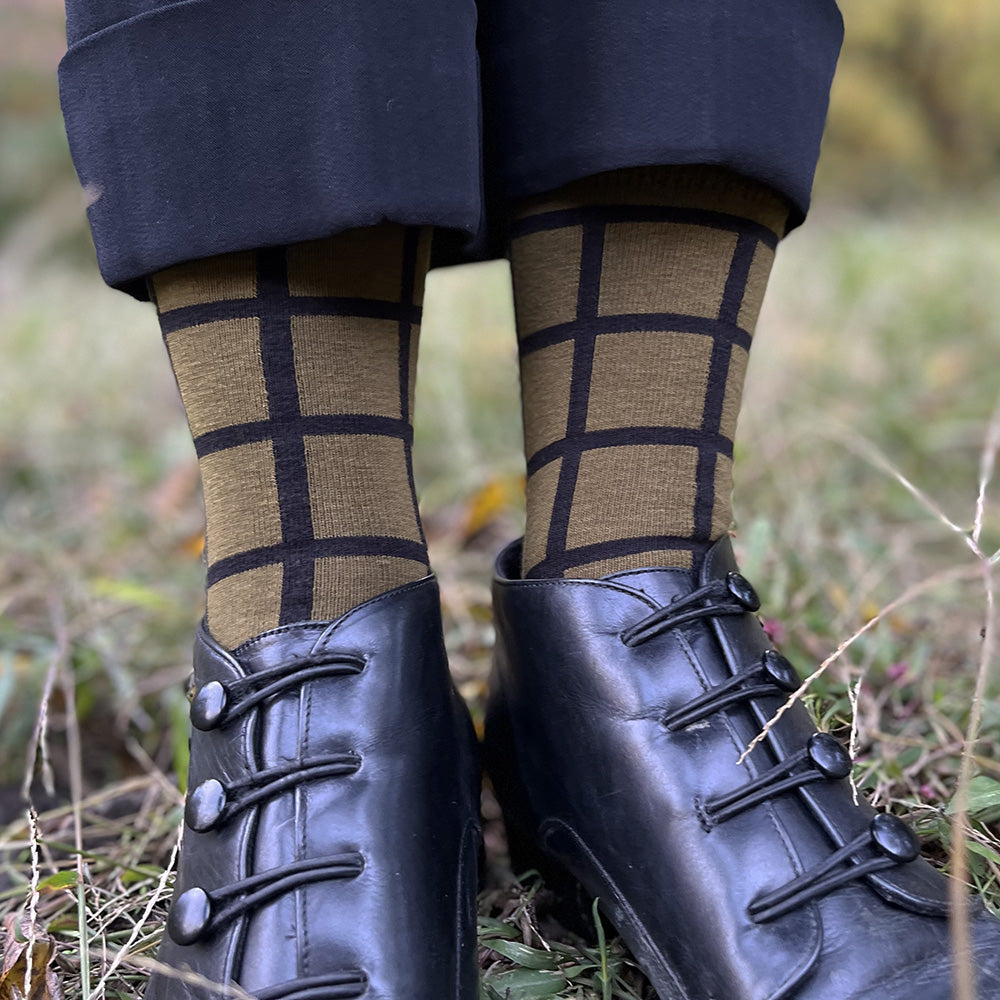Made in USA women's olive green geometric cotton socks with black grid/windowpane plaid 
