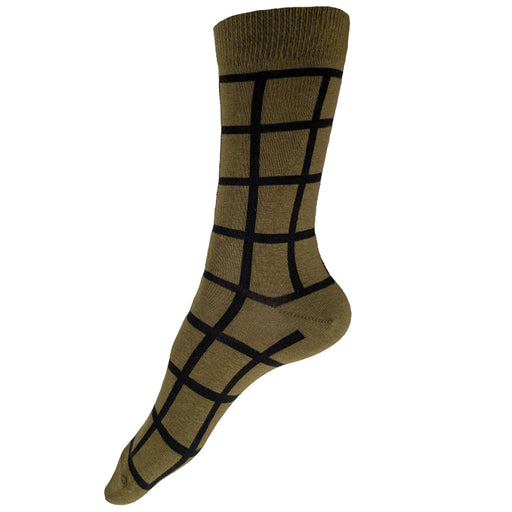 Made in USA olive and black windowpane plaid grid women's cotton geometric socks by THIS NIGHT