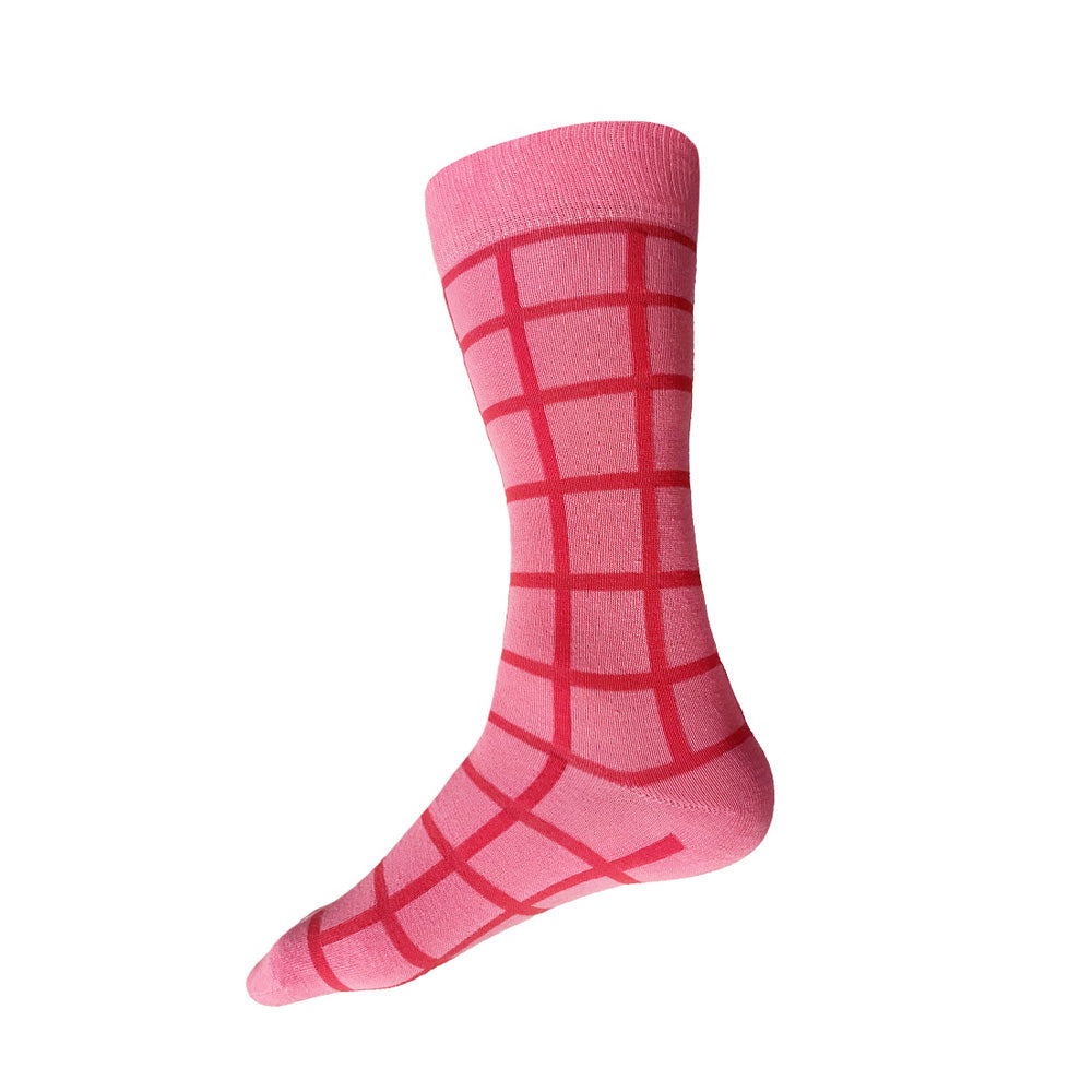 Made in USA men's pink geometric cotton socks with a red windowpane grid pattern