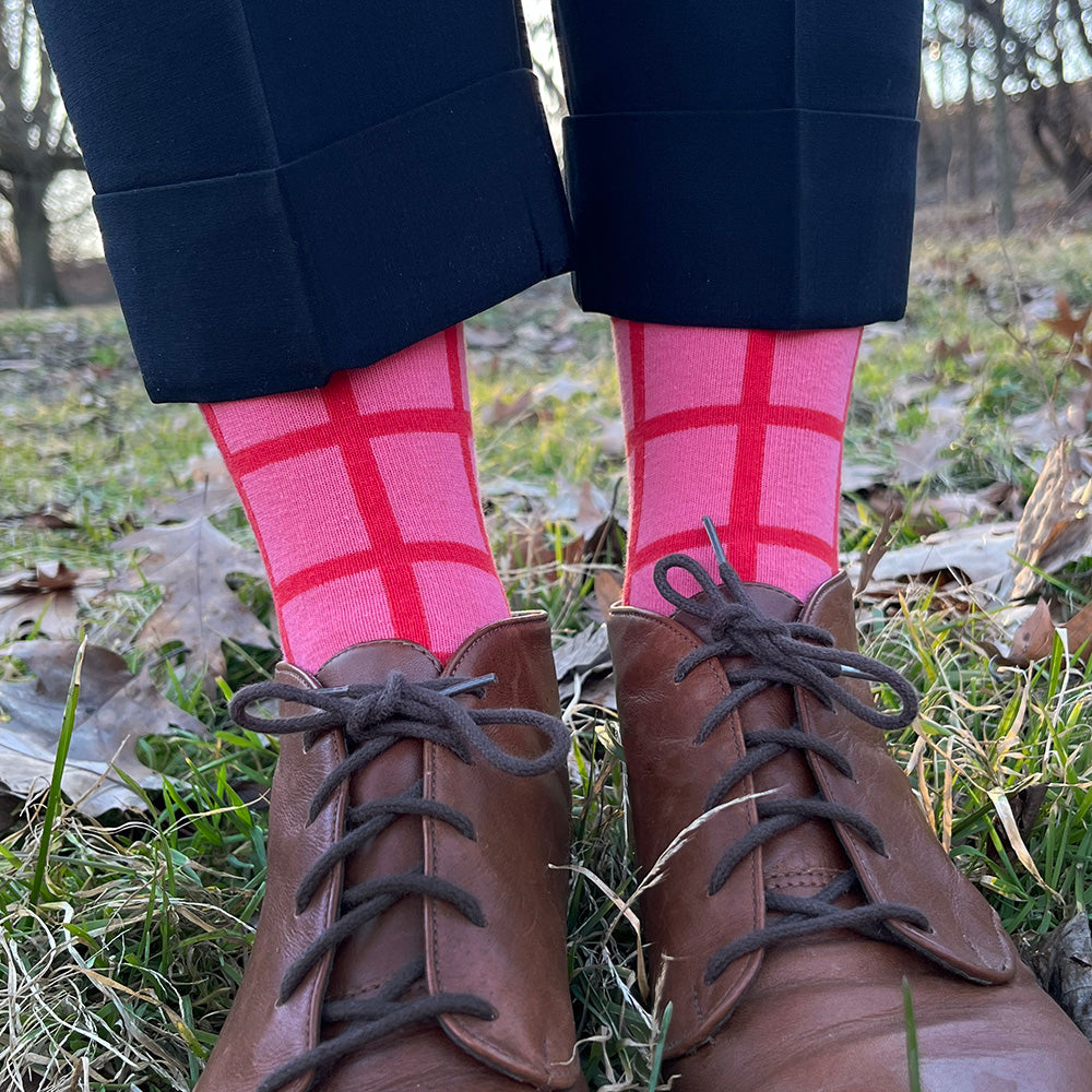     grid.pink.hibiscus.s-m  1000 × 1000px  Made in USA pink women's cotton geometric socks with a hibiscus red windowpane grid pattern