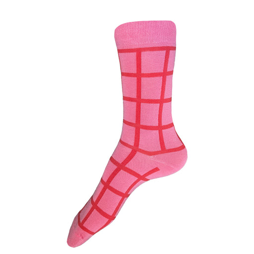 Made in USA pink women's cotton geometric socks with a hibiscus red windowpane grid pattern