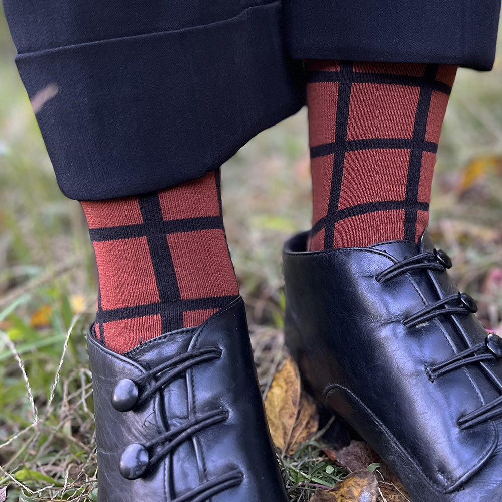 Made in USA women's geometric cotton socks in rust with black windowpane plaid (grid)