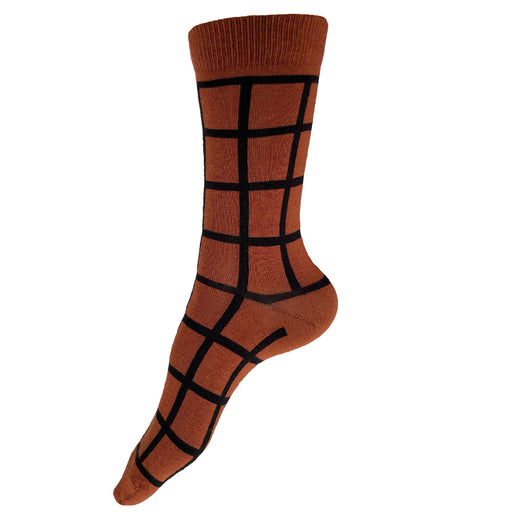 Made in USA women's geometric cotton socks in rust with black windowpane plaid (grid)