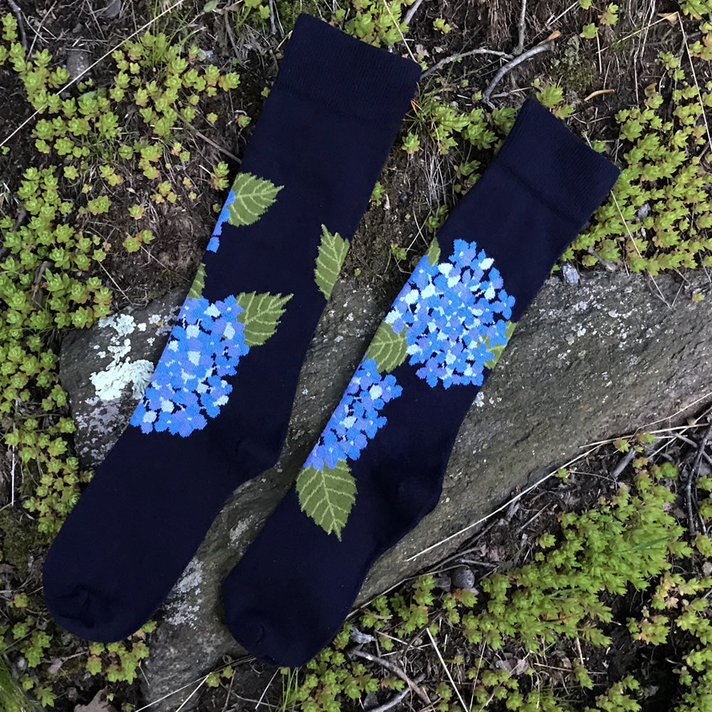 MADE IN USA men's navy and blue hydrangea floral cotton socks by THIS NIGHT