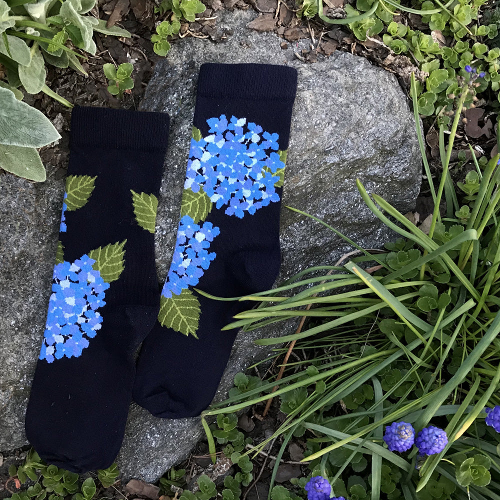 MADE IN USA women's navy and blue hydrangea cotton floral socks by THIS NIGHT