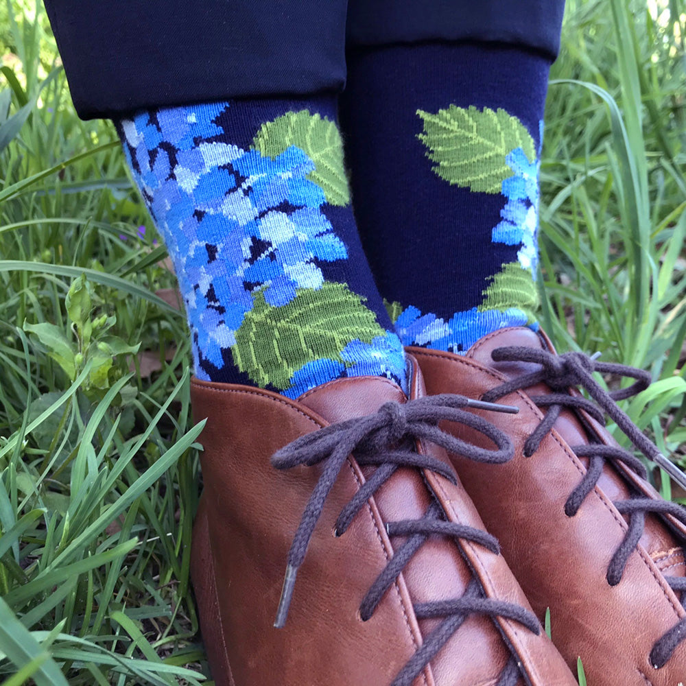 MADE IN USA women's navy and blue hydrangea floral socks by THIS NIGHT