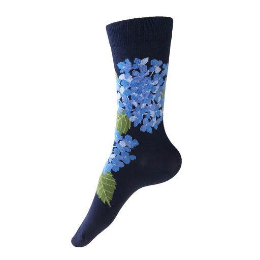 MADE IN USA women's navy and blue hydrangea floral socks by THIS NIGHT