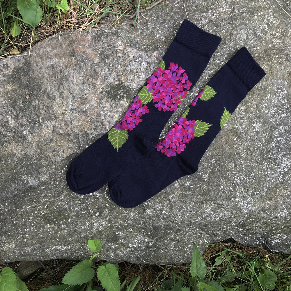 MADE IN USA men's navy and purple hydrangea floral socks by THIS NIGHT
