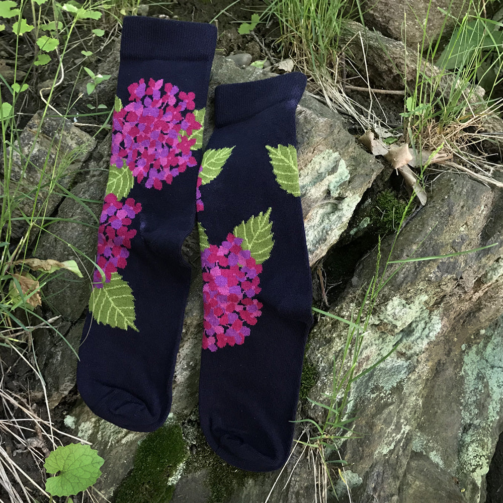 MADE IN USA women's navy, pink, & purple hydrangea floral socks by THIS NIGHT