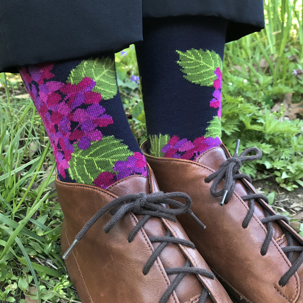 MADE IN USA women's navy, pink, & purple hydrangea floral socks by THIS NIGHT