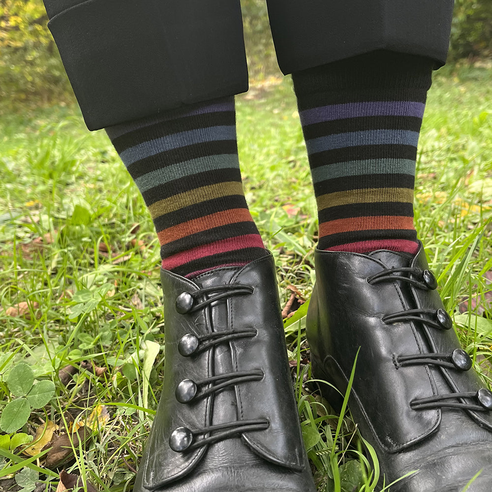 MADE IN USA women's black cotton subtle rainbow striped socks by THIS NIGHT