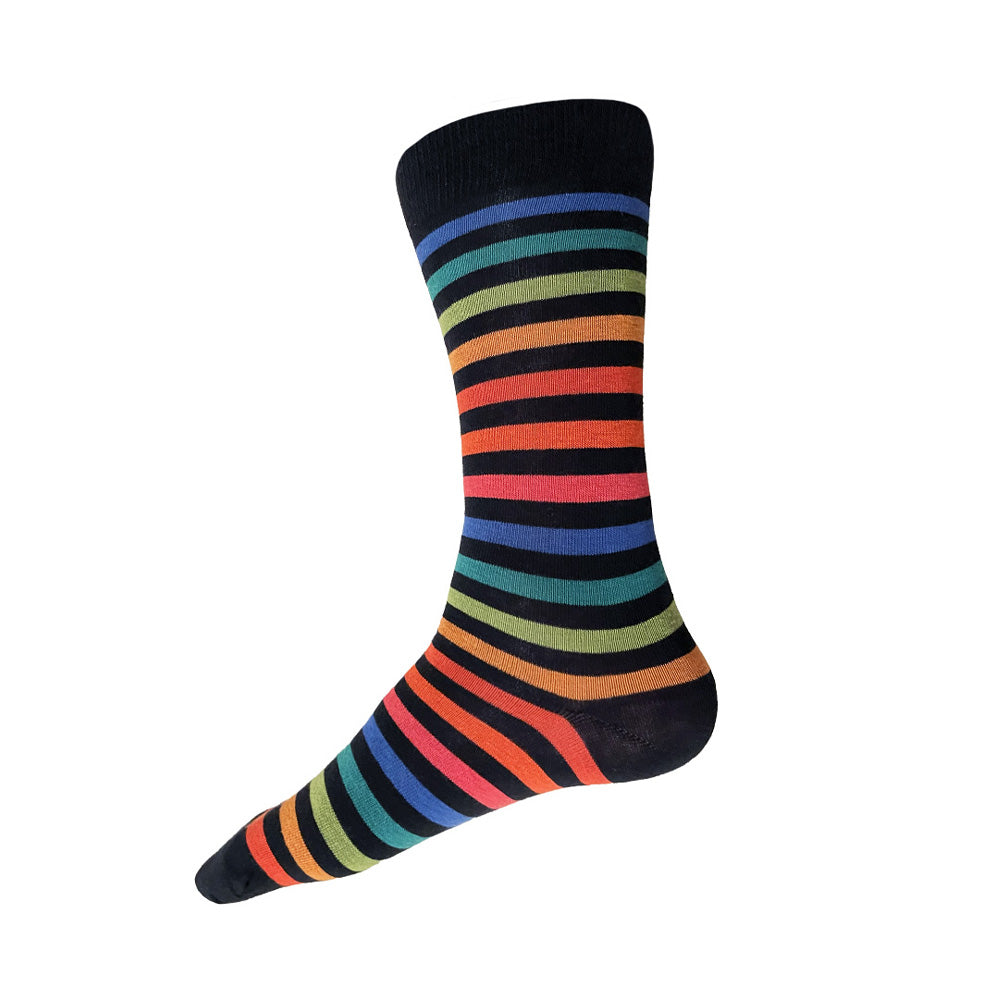 Made in USA bright black men's cotton rainbow striped socks (in a Lite-Brite palette!) by THIS NIGHT
