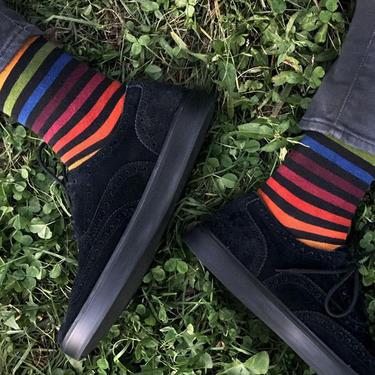 MADE IN USA men's black cotton striped rainbow socks by THIS NIGHT