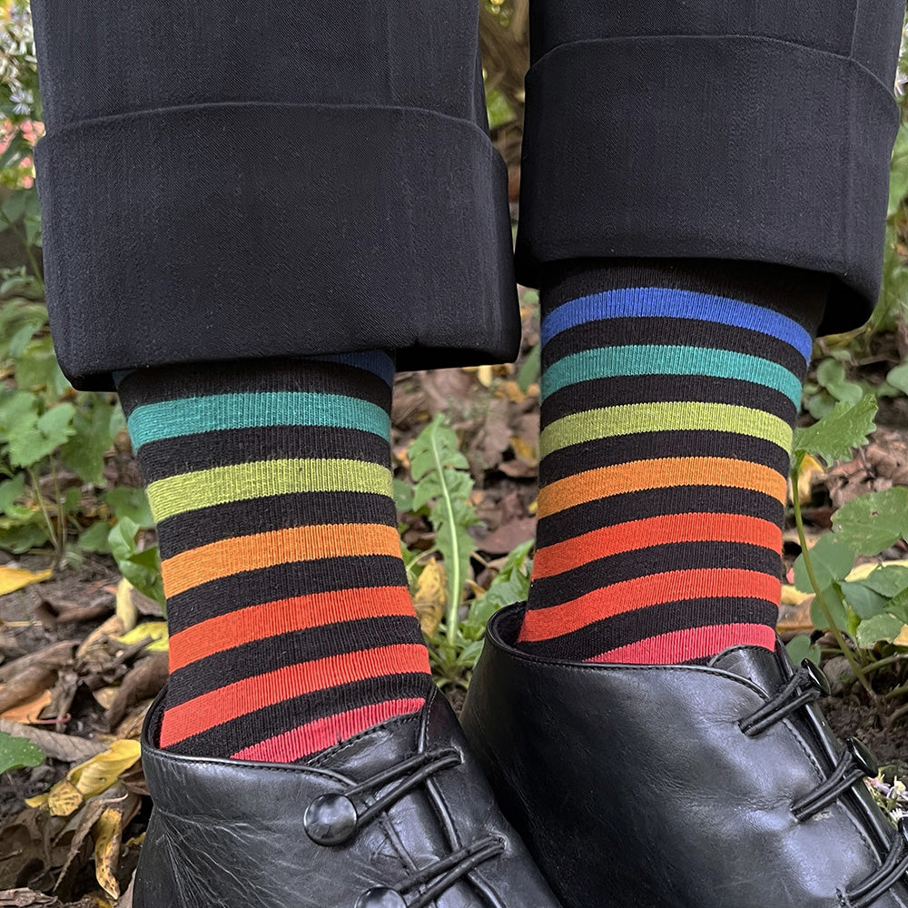Made in USA women's rainbow striped nearly neon and black knee/boot socks by THIS NIGHT