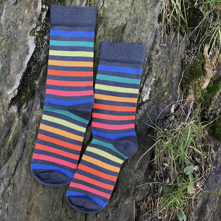 MADE IN USA women's grey cotton socks with bright rainbow stripes by THIS NIGHT
