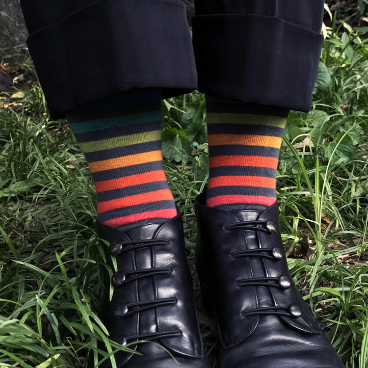 MADE IN USA women's grey cotton socks with bright rainbow stripes by THIS NIGHT