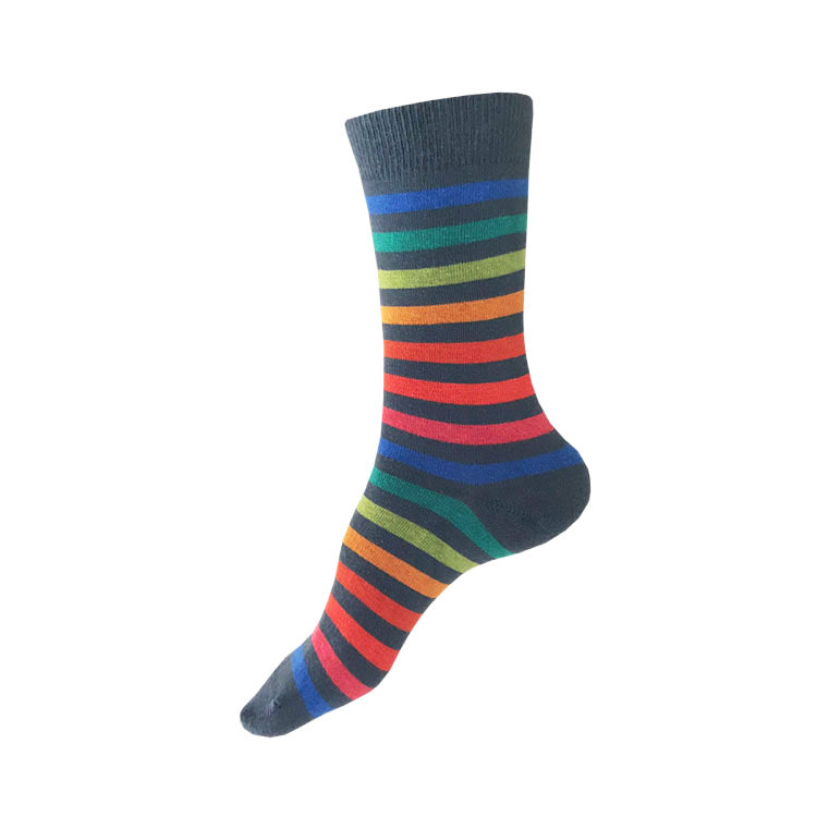 MADE IN USA women's grey cotton socks with bright rainbow stripes by THIS NIGHT