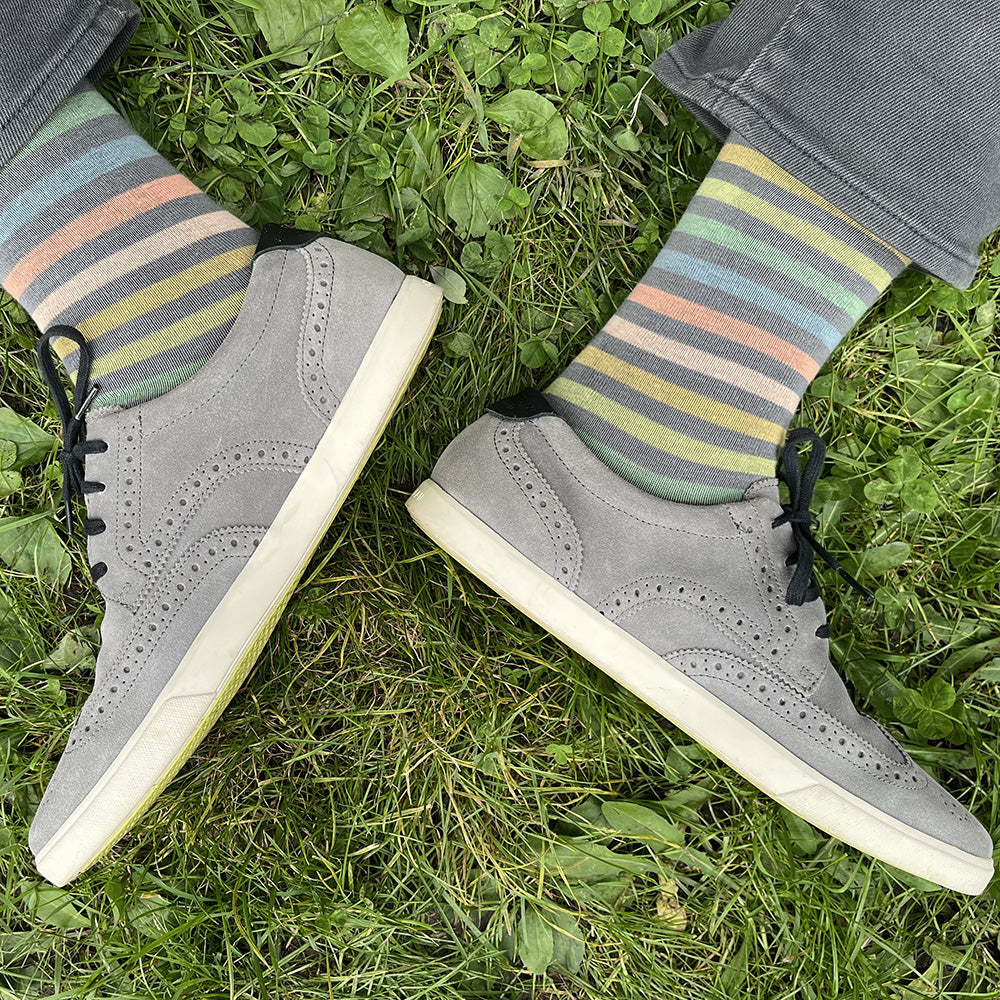 Made in USA colorful men's cotton striped grey pastel rainbow socks by THIS NIGHT