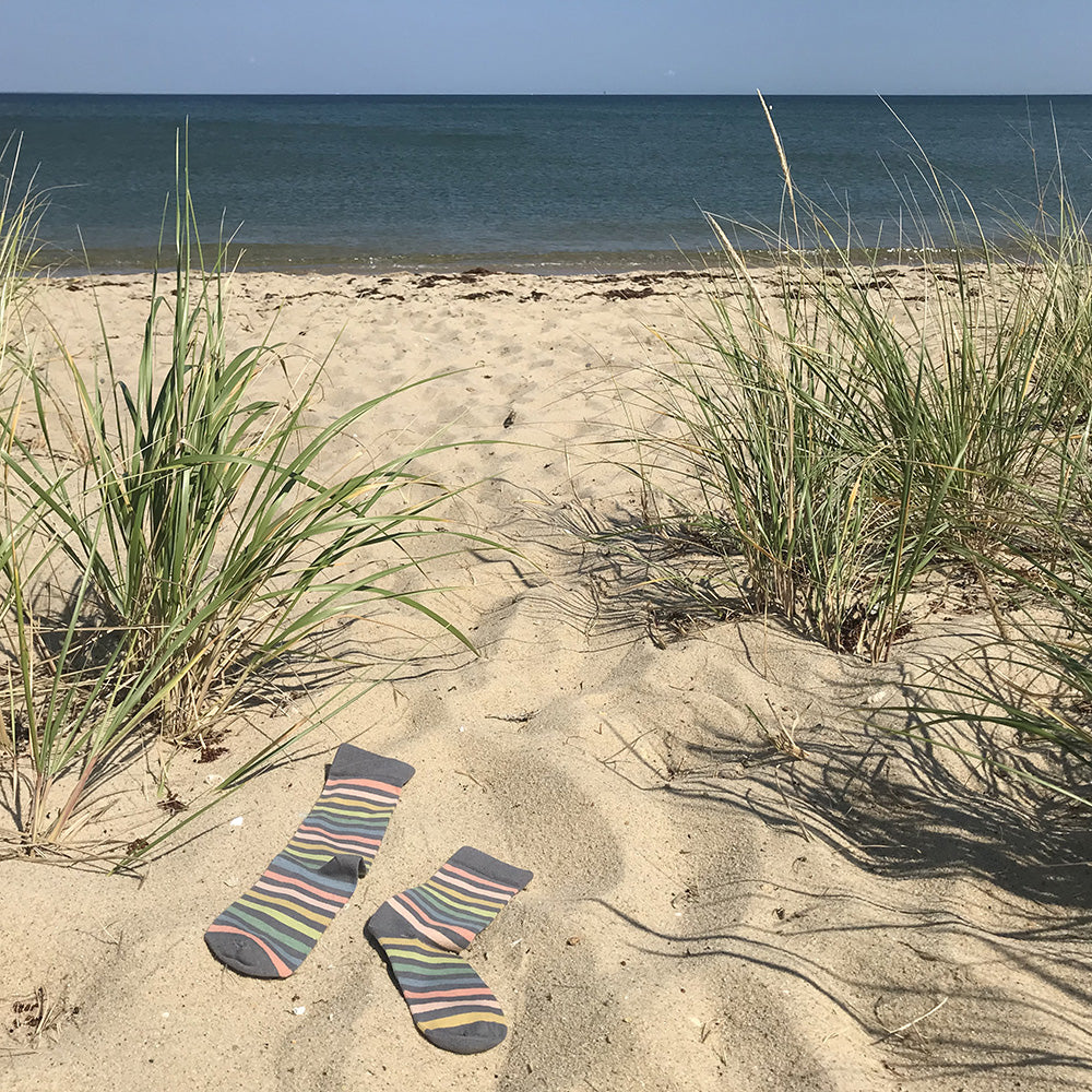 MADE IN USA women's grey cotton pastel rainbow striped socks by THIS NIGHT