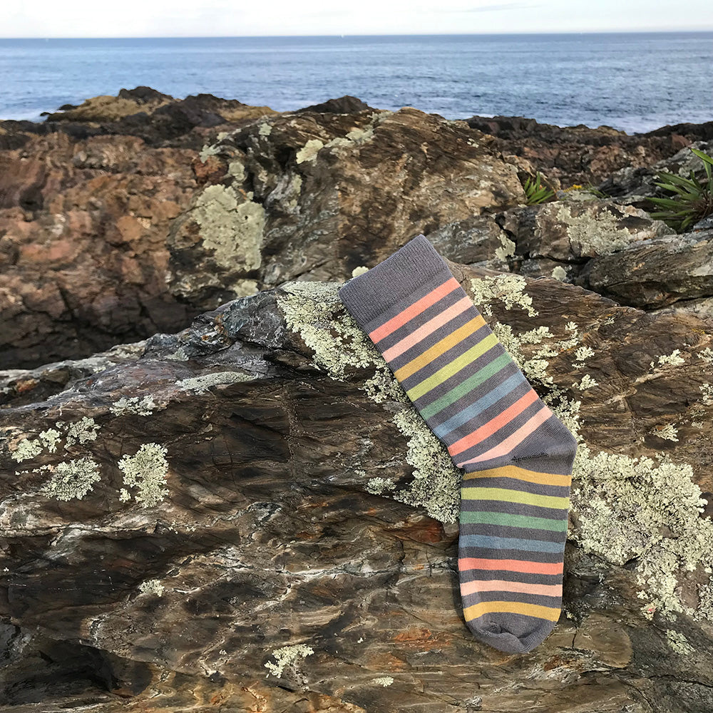 MADE IN USA women's grey cotton pastel rainbow striped socks by THIS NIGHT