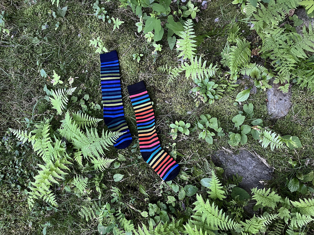 Made in USA women's cotton striped knee socks (in blues and greens and in colorful rainbow hues) by THIS NIGHT