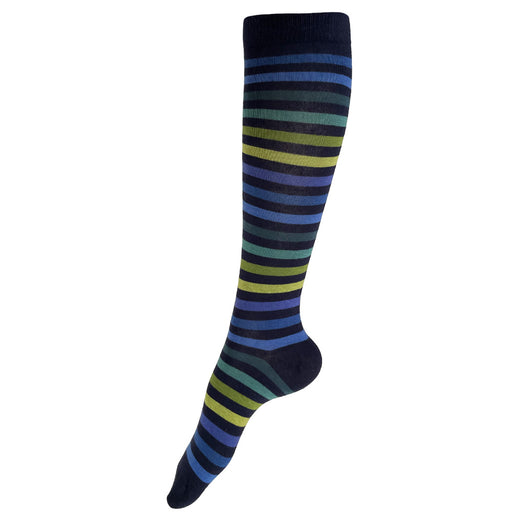 Made in USA women's navy cotton knee/boot socks with blue and green stripes by THIS NIGHT