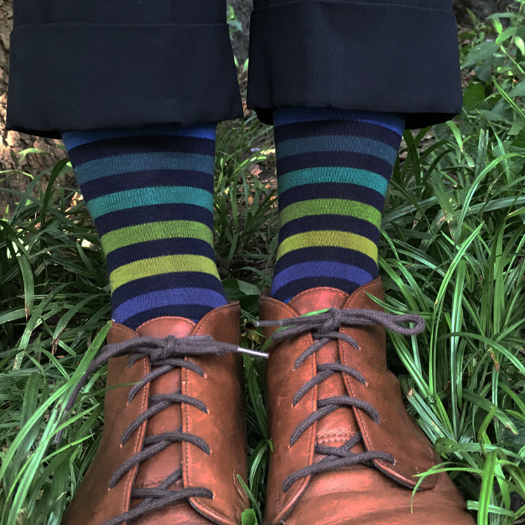 MADE IN USA women's navy striped socks by THIS NIGHT with blues, teals, and greens