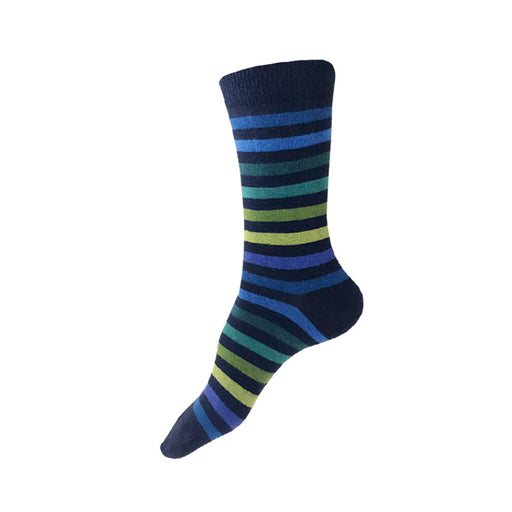 MADE IN USA women's navy striped socks by THIS NIGHT with blues, teals, and greens