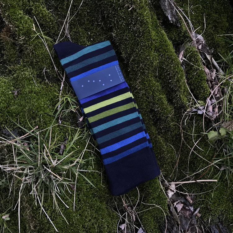 MADE IN USA men's navy cotton socks by THIS NIGHT with green, teal, and blue stripes